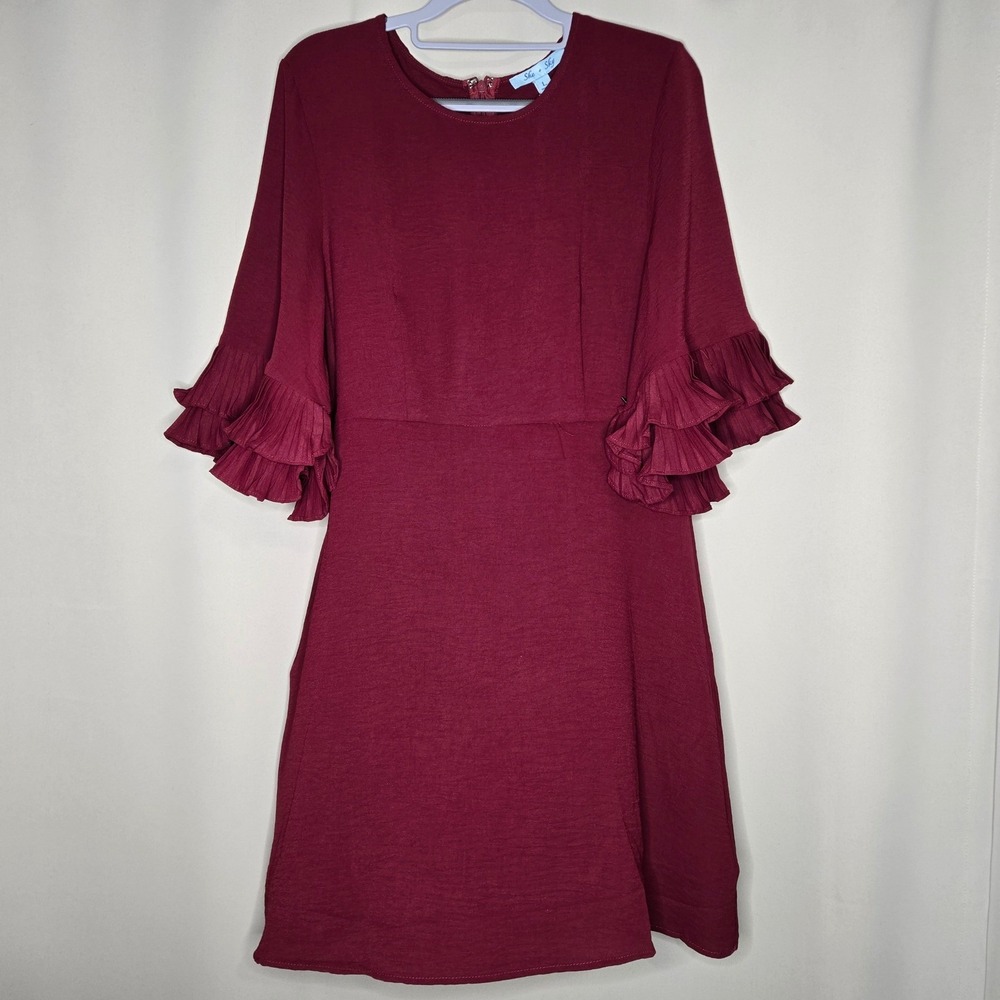 She + Sky Burgundy Dress L Three Quarter Tiered Ruffle Sleeve NWT